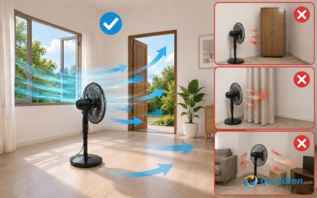 Đặt quạt đúng vị trí giúp lưu thông không khí tốt hơn