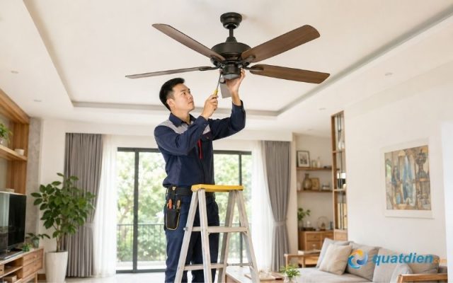 Kỹ thuật viên kiểm tra và sửa chữa quạt trần Panasonic tại nhà