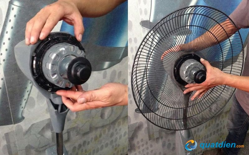 Tháo khóa cánh, khóa lồng sau đó lắp lồng sau của quạt