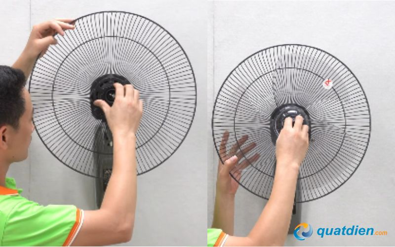 Lắp lồng sau quạt lên thân và khóa lồng cho thật chắc
