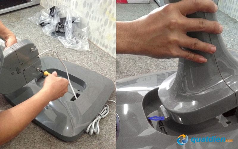 Luồn dây điện ra sau đế và lắp thân quạt vào đế