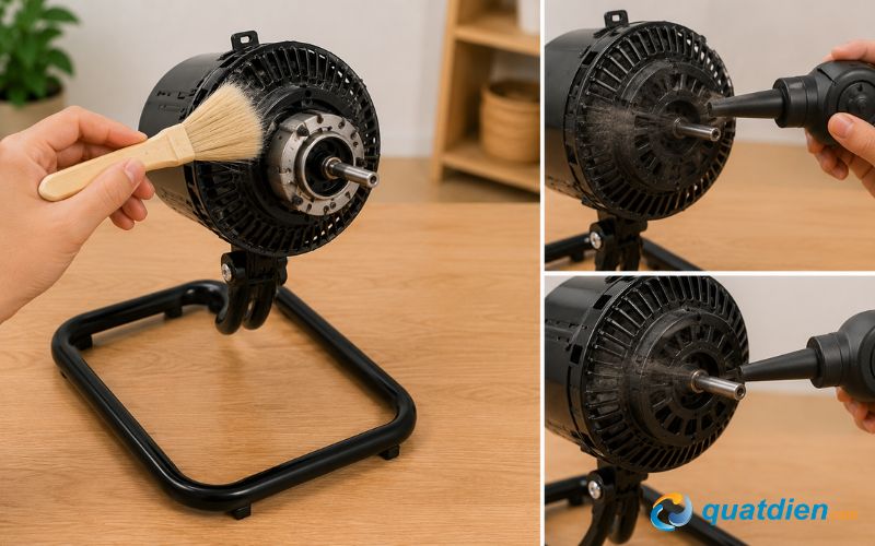Dùng các dụng cụ đã chuẩn bị để vệ sinh motor quạt