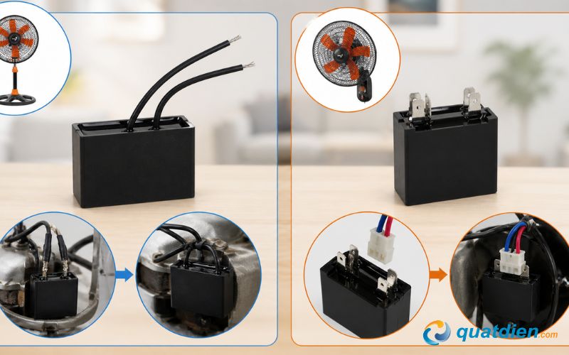 Tụ quạt có dây nối và tụ điện quạt có chân cắm