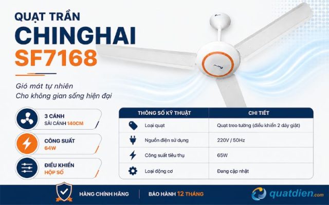Quạt trần 3 cánh Chinghai SF7168 công suất 64W sải cánh 140mm