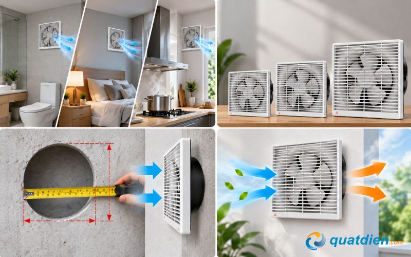 Quạt hút Senko 2 chiều H150 H200 H250, cách chọn kích thước, vị trí lắp đặt và hướng lưu thông không khí.