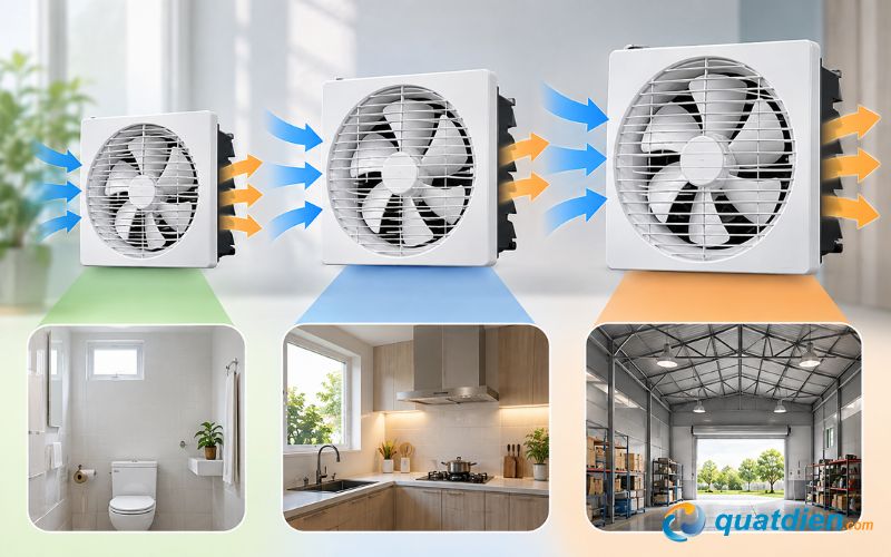 Quạt hút 2 chiều Senko với ba kích thước từ nhỏ đến lớn, minh họa khả năng thông gió phù hợp cho nhà vệ sinh, nhà bếp và không gian rộng hơn