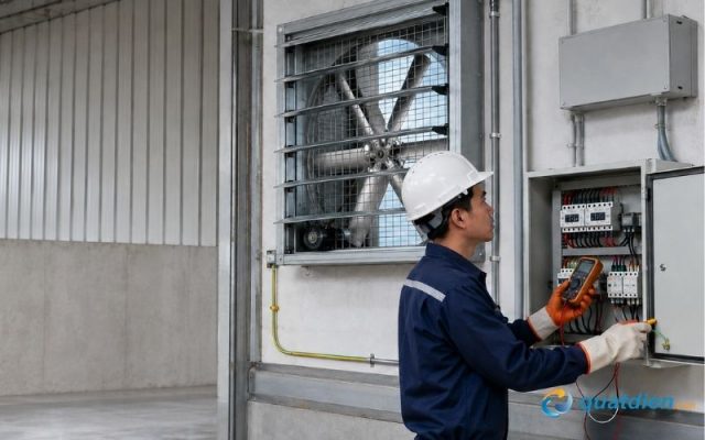 Kỹ thuật viên kiểm tra nguồn điện và vị trí lắp đặt quạt hút nhà xưởng