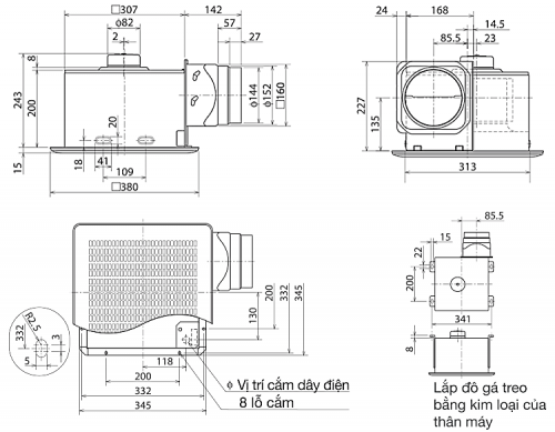 Kích thước quạt hút âm trần nối ống gió Mitsubishi VD-20ZP4T3