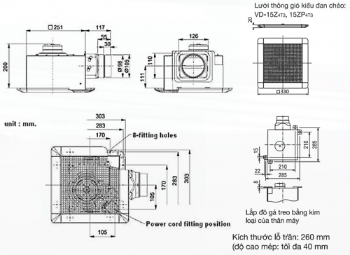 Kích thước Quạt hút âm trần nối ống gió Mitsubishi VD-15ZP4T5