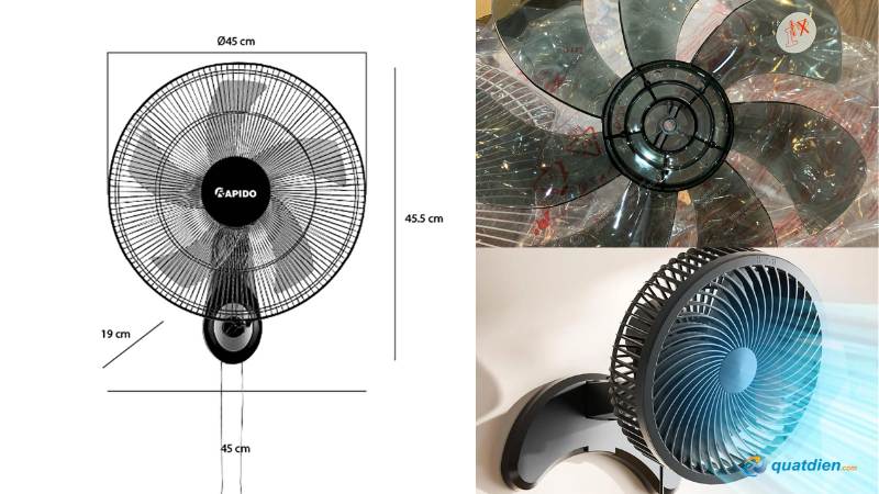 Kích thước, cánh quạt ảnh hưởng trực tiếp đến công suất hoạt động.