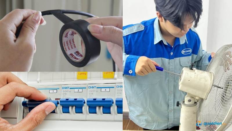 Dùng băng keo cách điện để đảm bảo an toàn.