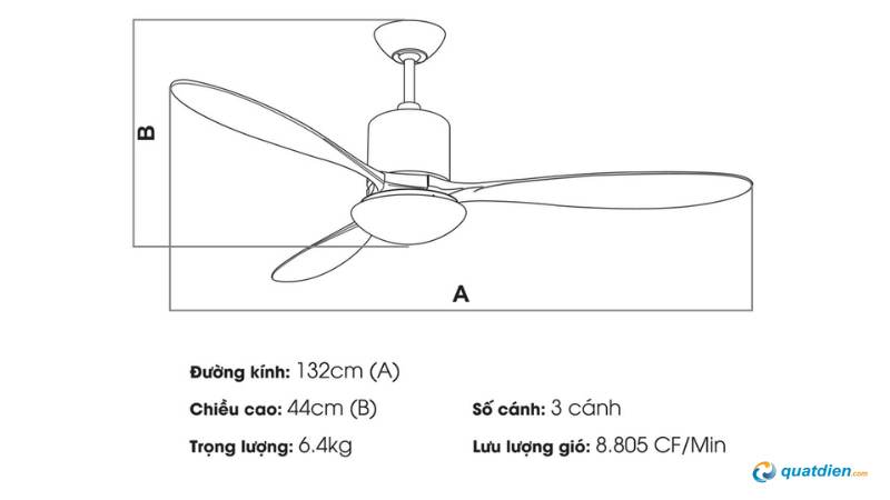Quạt trần với đường kính 132 cm phù hợp cho phòng lớn