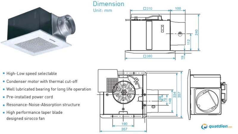 Kích thước quạt hút mùi âm trần phổ biến từ 150–300mm
