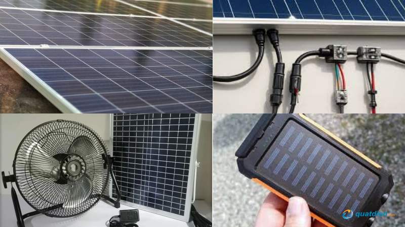 Cấu tạo quạt năng lượng mặt trời gồm nhiều tấm pin, quạt, dây cáp kết nối, và bộ sạc điện lưới dự phòng