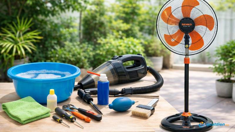 Bộ dụng cụ cơ bản để vệ sinh quạt đứng Senko tại nhà