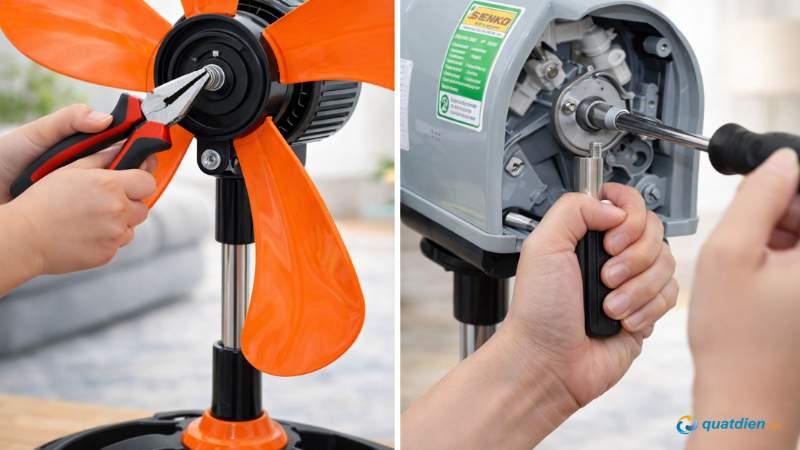 Giữ chặt trục sắt để motor không quay khi tháo cánh