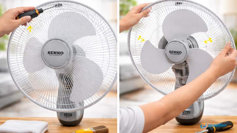 Dùng tay hoặc tua vít mở các chốt giữ lồng quạt