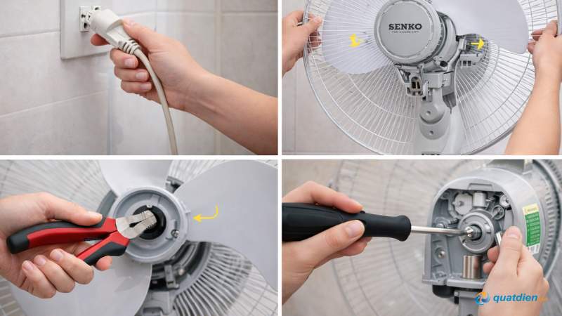 Giữ trục sắt và vặn tán theo chiều kim đồng hồ tháo cánh