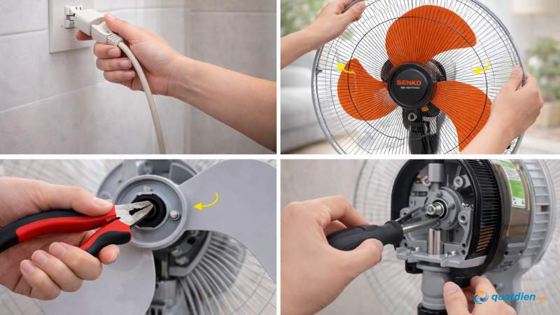 Tháo quạt đứng Senko nhẹ tay để tránh cong cánh, rơi rớt