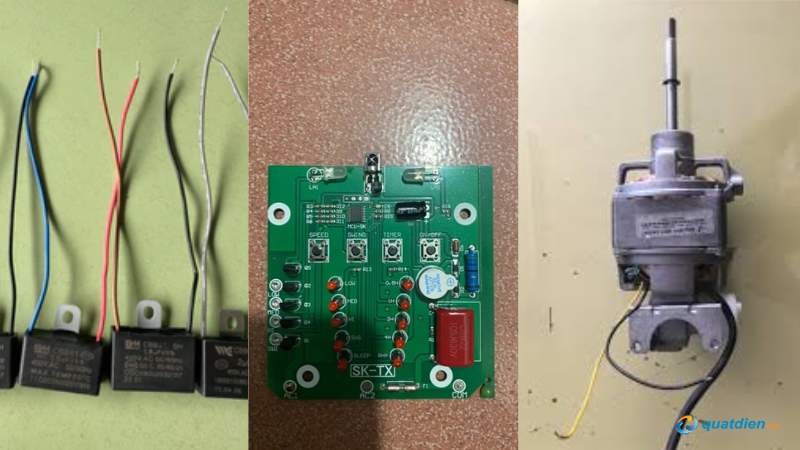 Linh kiện quạt Senko gồm tụ điện, bo mạch, motor và dây điện
