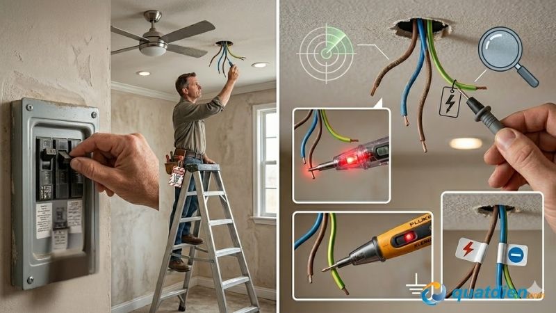 Ngắt nguồn điện và xác định dây nóng dây lạnh trong cách đấu quạt trần 
