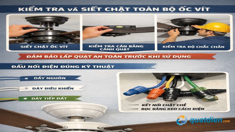  Kiểm tra và siết chặt toàn bộ ốc vít khi lắp quạt trần tại nhà