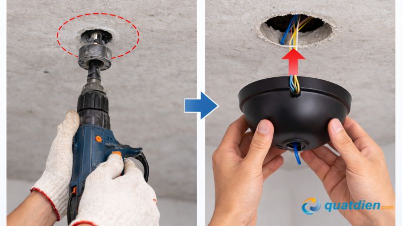 Khoét lỗ và lắp chụp trần để lắp quạt cho gọn gàng và thẩm mỹ