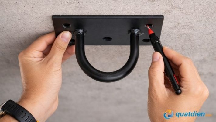 xác định vị trí và ướm bản ngã móc treo lên trần để đánh dấu