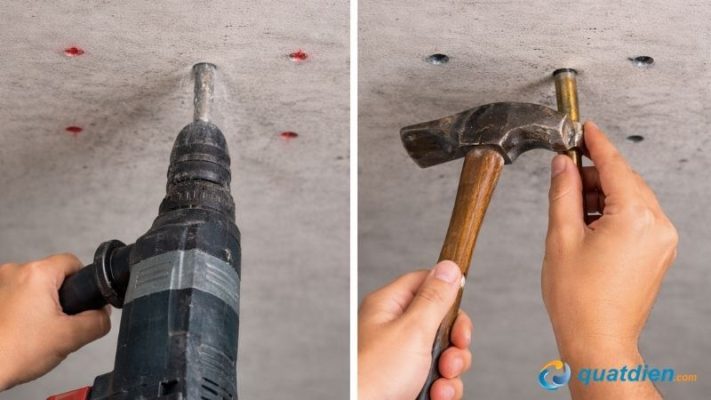 Khoan lỗ và lắp nở sắt vào lỗ khoan trần xi măng