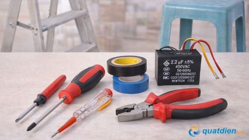 Các dụng cụ cần thiết để thay đổi và đấu tụ điện cho quạt