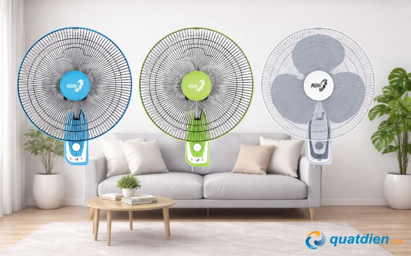 Quạt treo tường 3 cánh với các màu xám, thiên thanh và chuối non